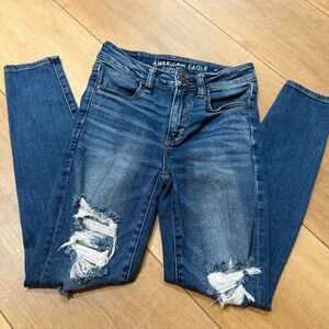 American Eagle Distressed High Rise Next Level Stretch Blue Skinny Jeggings